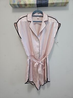 Victoria's Secret Light Pink Satin Pajama Romper with Black Piping